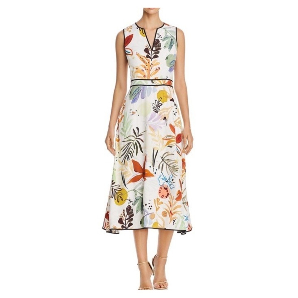 Lafayette 148 NY Botanical Print Midi Dress Women's 10 Watercolor Artsy Timeless